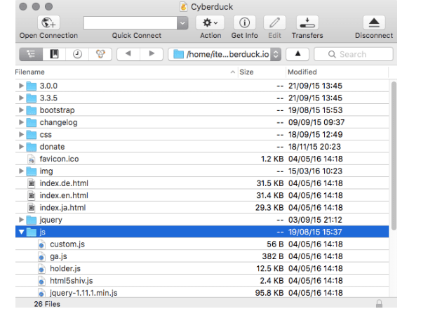 Screenshot of Cyberduck showing the layout of the folders and files