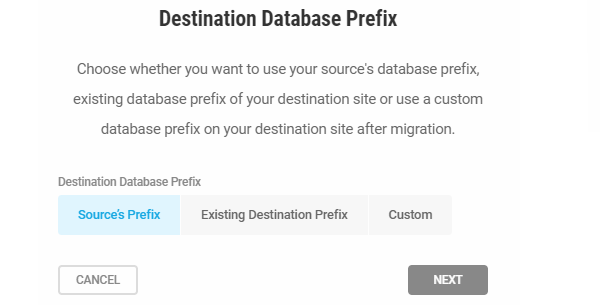 Screenshot showing the three ways you can name your database - with the source's prefix, existing destination prefix or custom.