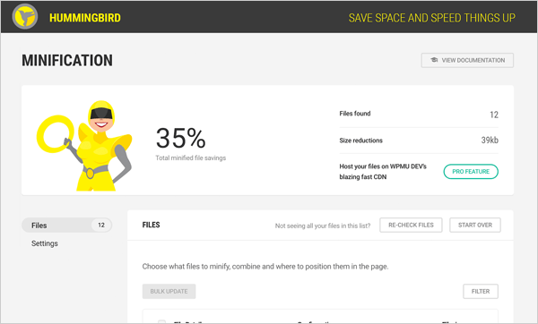 Hummingbird minification screen