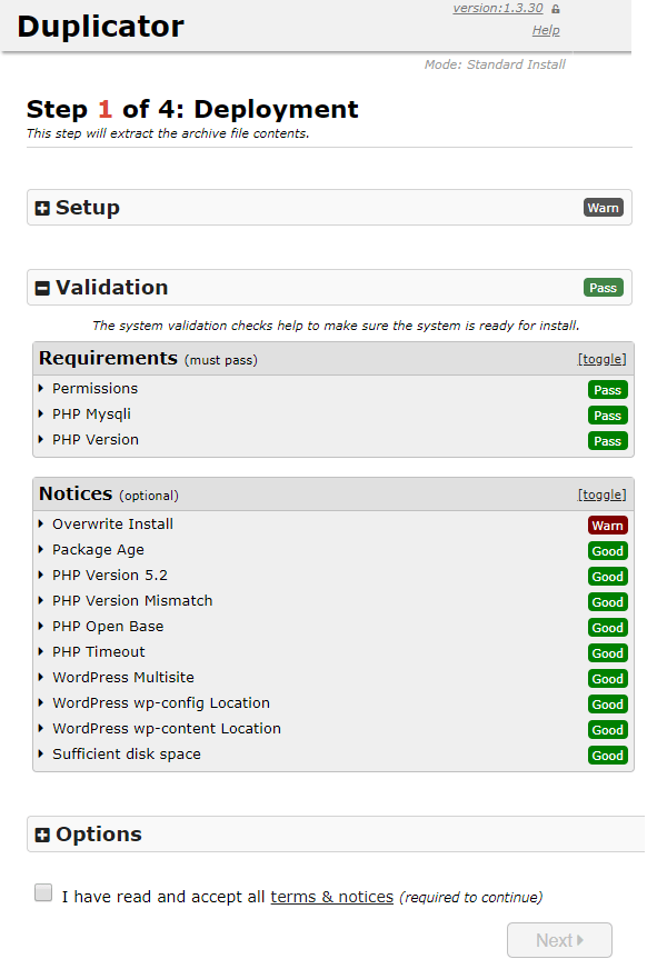 Screenshot of step one of the Duplicator installer process where the files are validated.