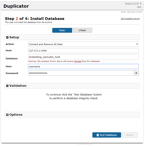 Screenshot of step two of the installer where credentials are input the configure the database.