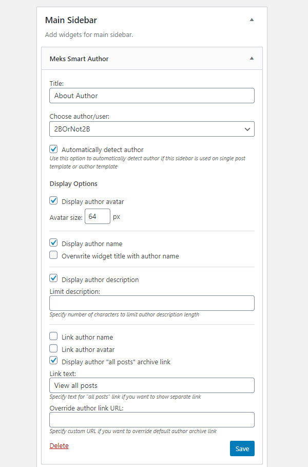Meks Smart Author Widget settings.