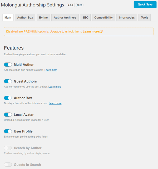 Molongui Authorship plugin settings screen.