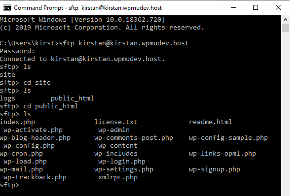 The next screen of the command line where you can see all folders and files inside the public_html folder.