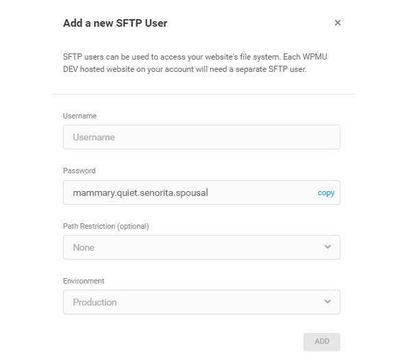 The screen from which you can create SFTP credentials by entering a username and password.
