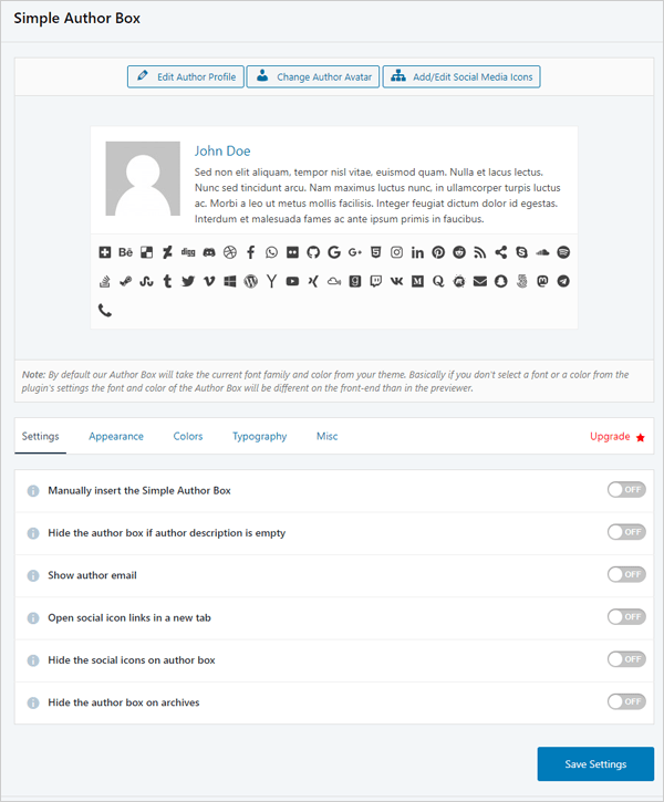 Simple Author Box Settings screen.