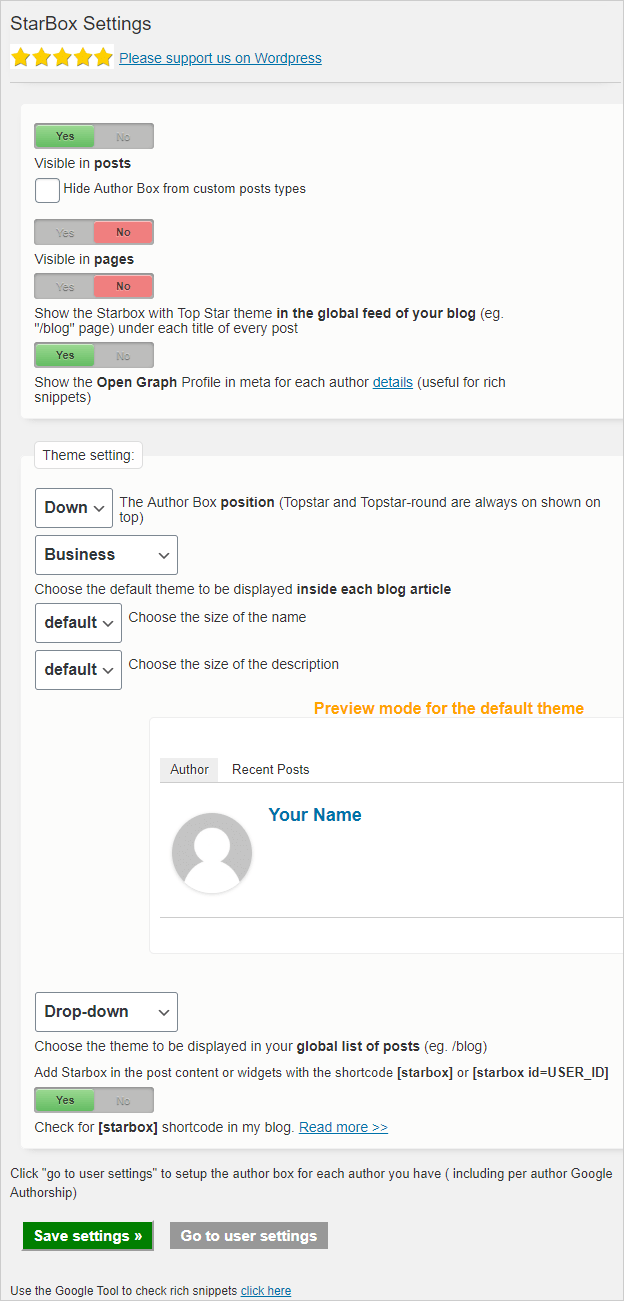 Starbox Settings screen.