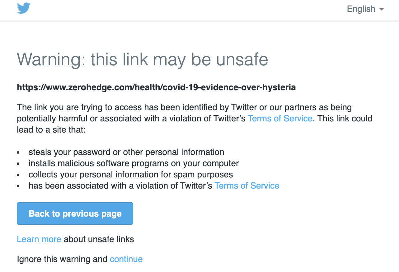 Image of Twitter's unsafe link warning.