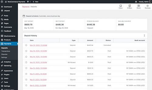 WooCommerce Payments deposits screen.