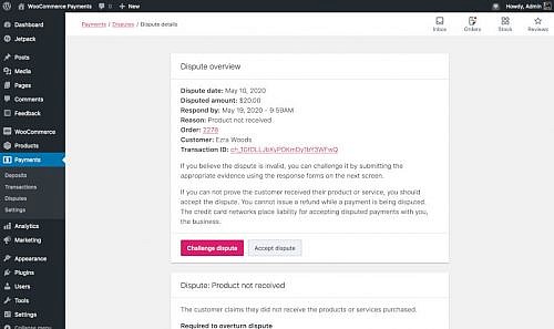 WooCommerce Payments dispute overview.