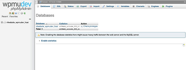 Example of what WPMU DEV phpMyAdmin looks like with our hosting.