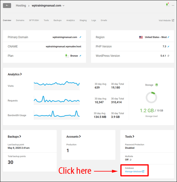 WPMU DEV Hosting Hub - Manage Database.
