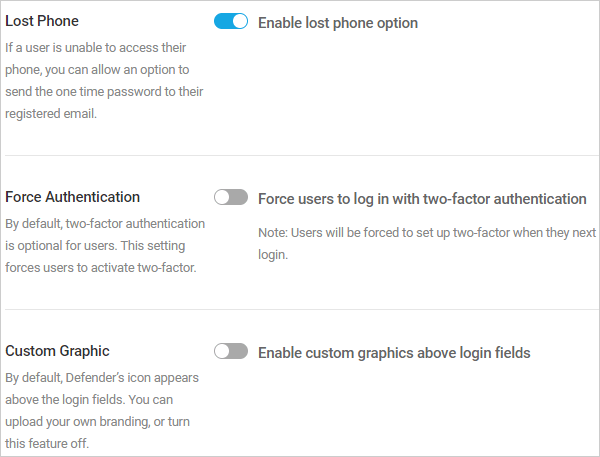 Lost Phone, Force Authentication, and Custom Graphic options.