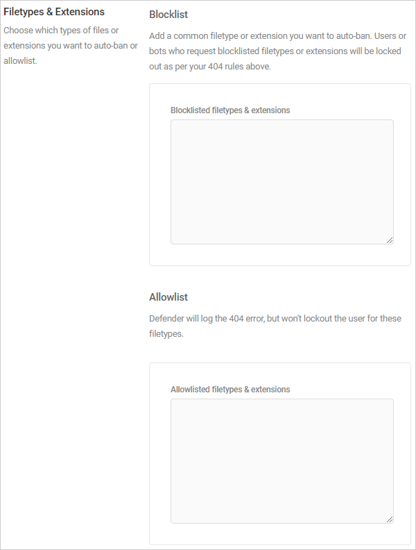 Defender Firewall - 404 Detection - Filetypes & Extensions section.