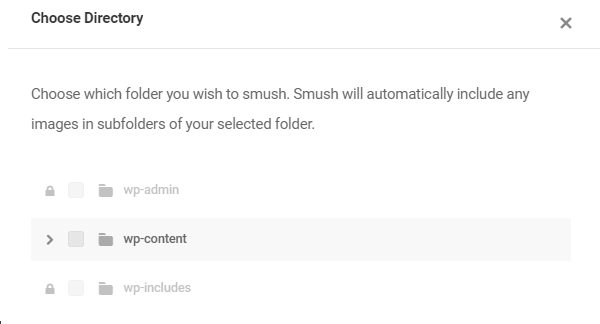 Screenshot of the directory smush option showing the navigati9on to the wp-content folder to search for more images.