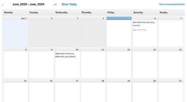 An example I set up for a pending post and scheduled post.
