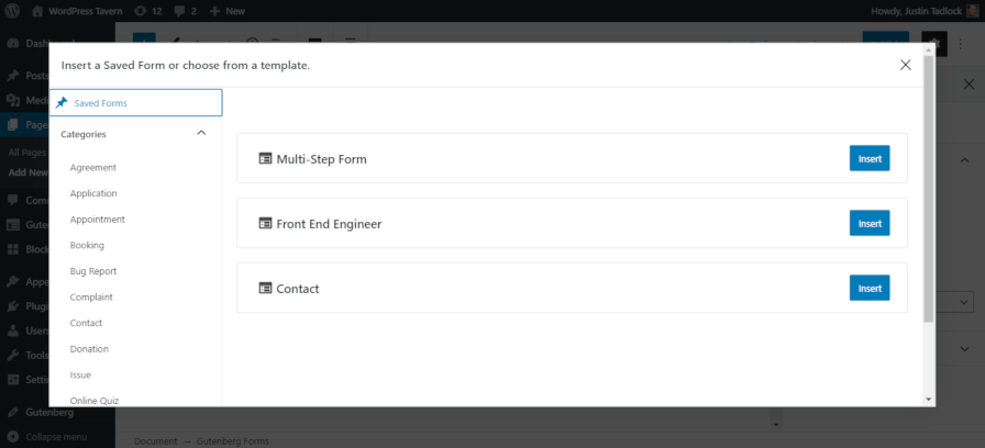 Inserting a saved form into a page with the Gutenberg Forms plugin.