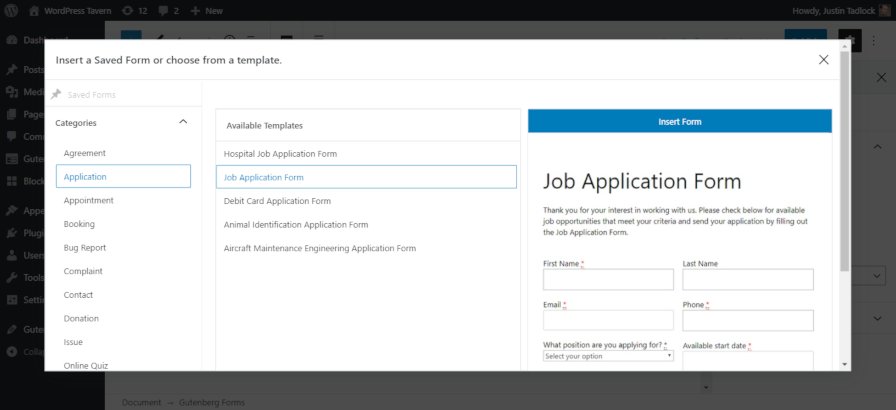 Inserting a form template into a page with the Gutenberg Forms WordPress plugin.
