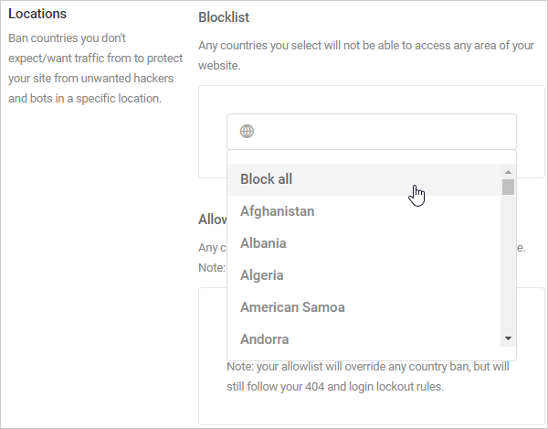 Defender Locations - GeoIP database dropdown menu