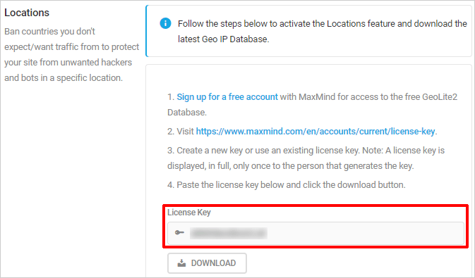 Defender - Locations section - GeoIP database license