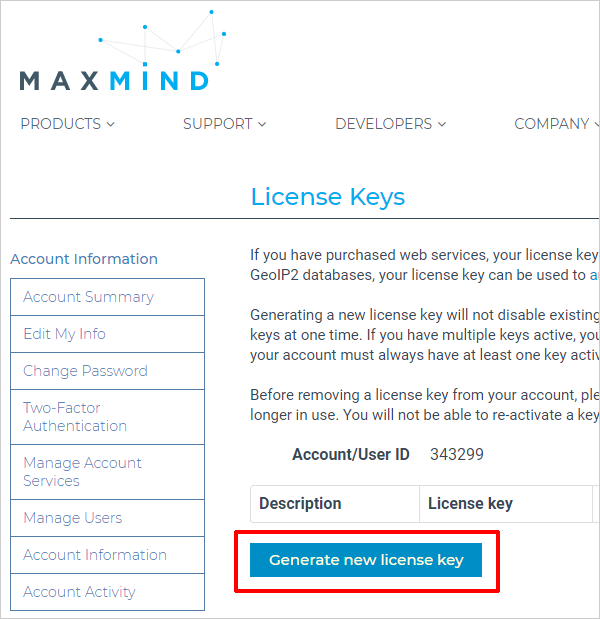 Maxmind - Generate license key