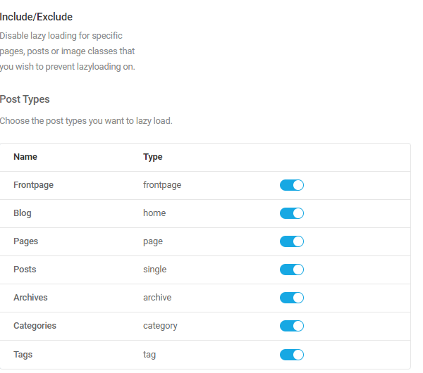 Screenshot of the different pages you can exclude from lazy load including the front page, blog and posts.