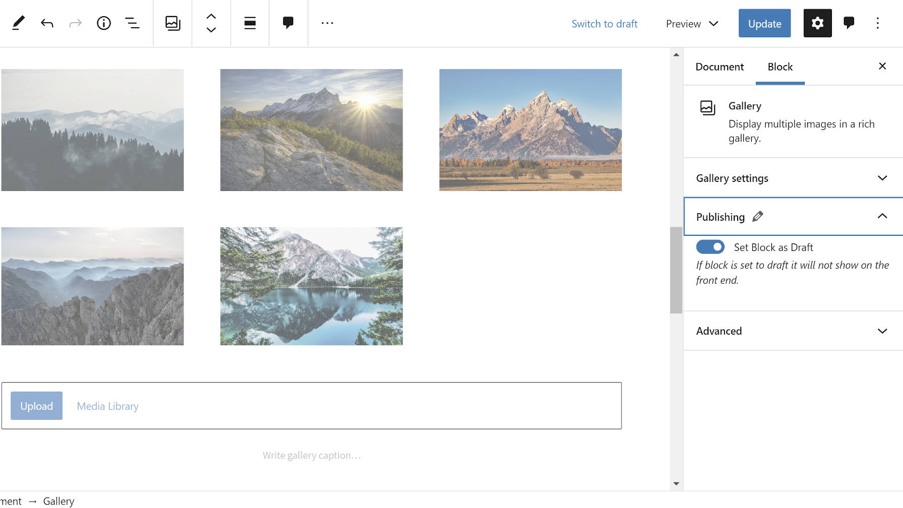 Marking a block as a draft in the editor via the Wholesome Publishing plugin.