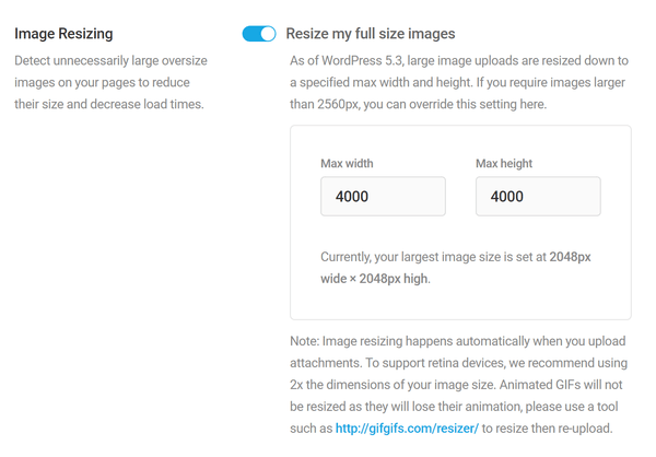 Screenshot of the resize my full size images section with custom size set to 4000px.