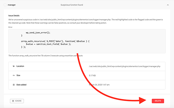 With one click, you can delete the suspicious code with Defender.