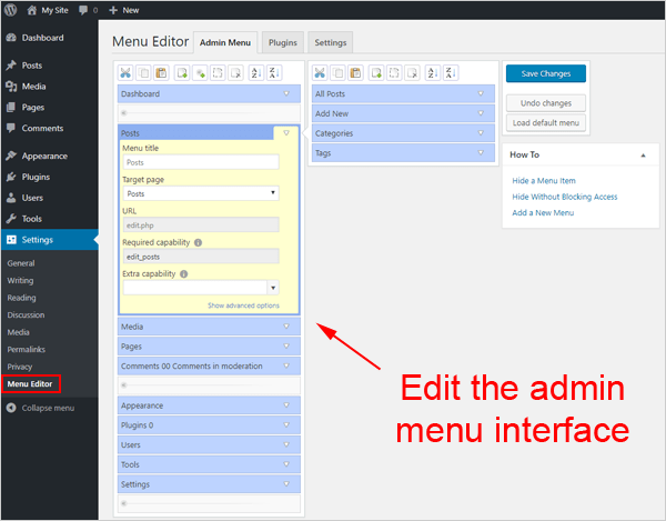 Edit the admin menu interface.