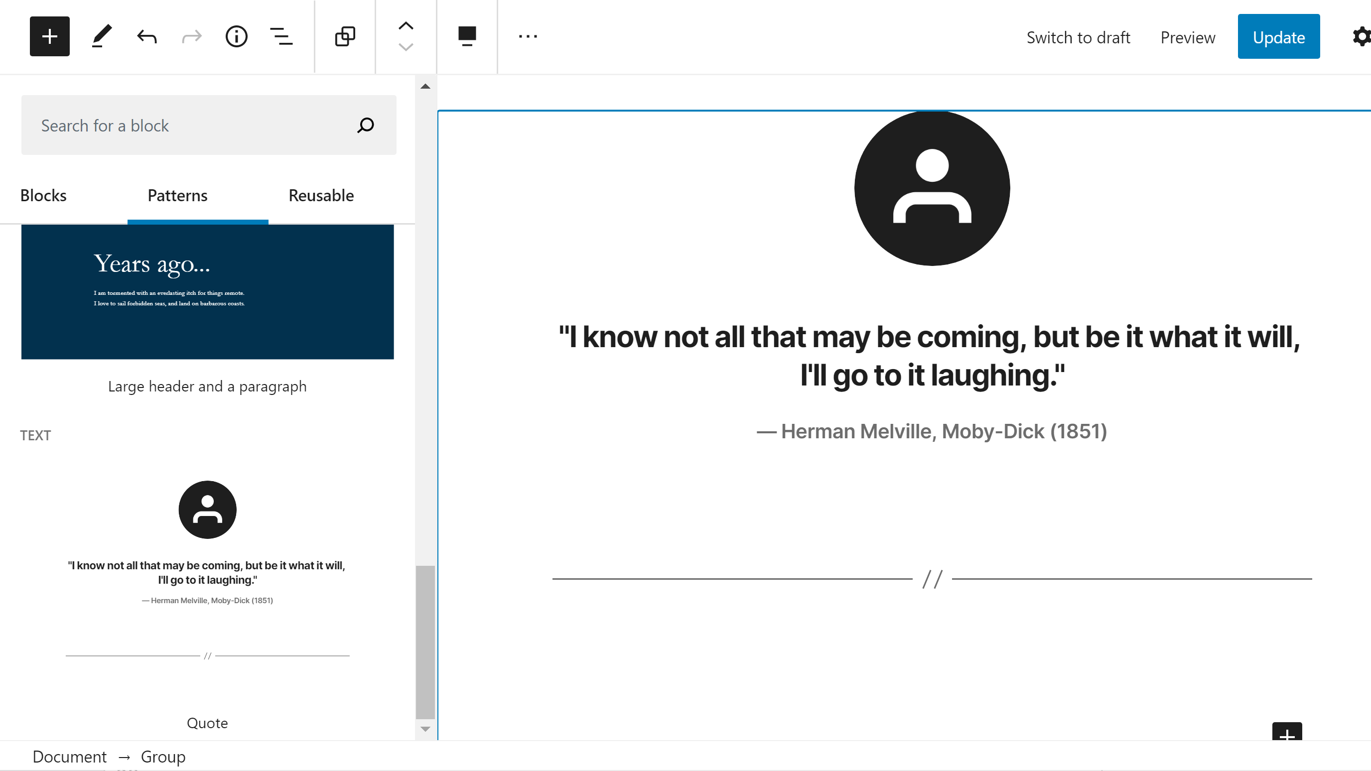 Inserting the Quote block pattern into the editor.