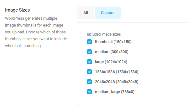 Screenshot of the various image sizes which are available to exclude.