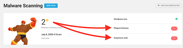 The two new searches with Defender Pro: Plugins & themes and Suspicious code.