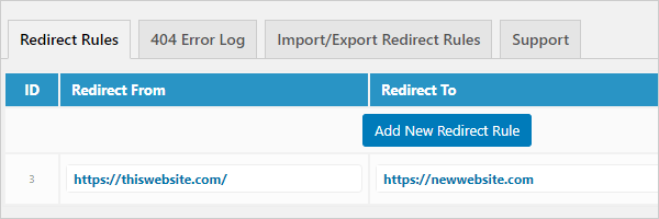 301 Redirects screen.