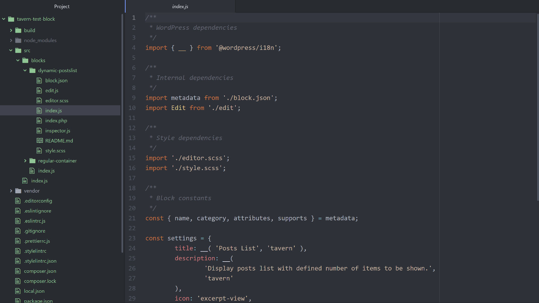 Example code screenshot from the WP Block Builder project.