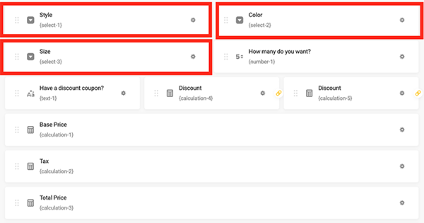 The select fields options for style, color, and size.
