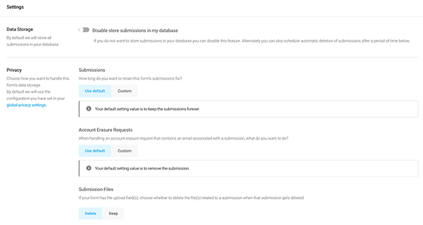 Settings area with data storage and privacy settings.