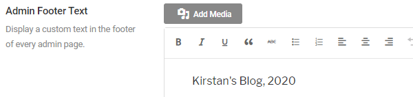 Screenshot of custom admin footer text which says Kirstan's Blog, 2020.