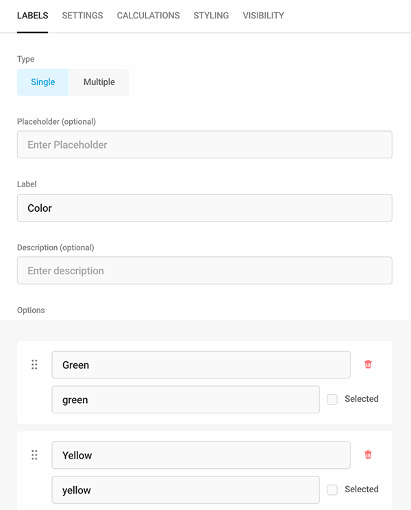 The labels section where you can add various color options.