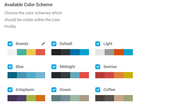 Screenshot of the preset color schemes which come with Branda.