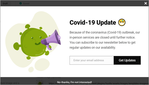 Hustle's Pandemic popup template.