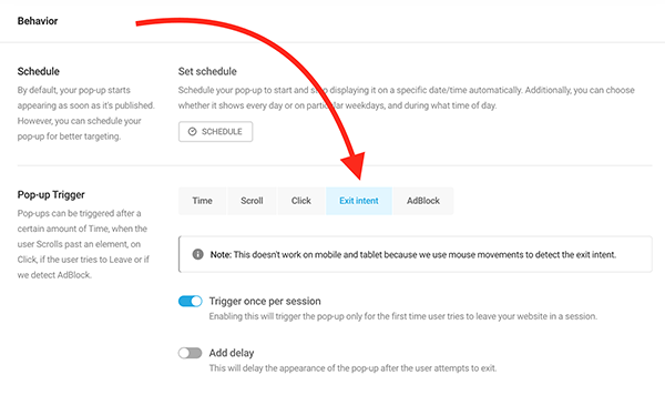 View of the exit intent area of Hustle.