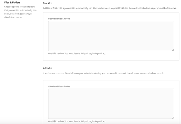 The Blocklist and Allowlist area for file and folder URLs.