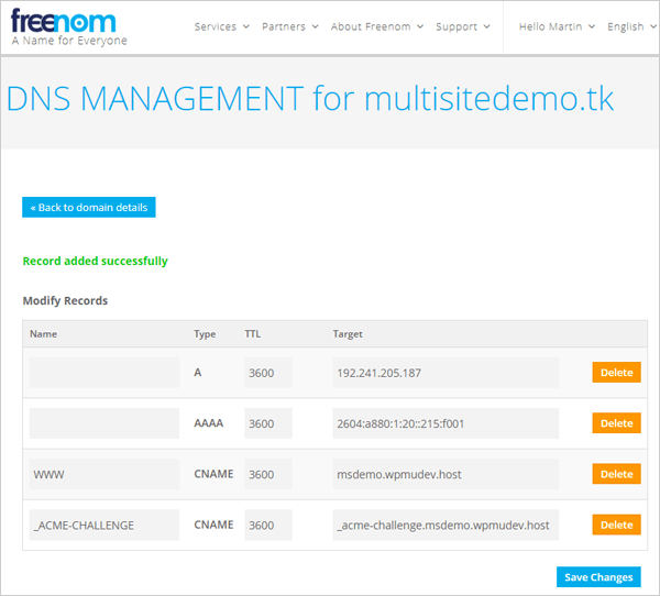 Freenom namerver records