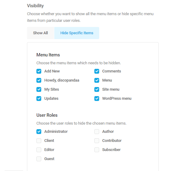 Screenshot of the various options you can hide from the toolbar.