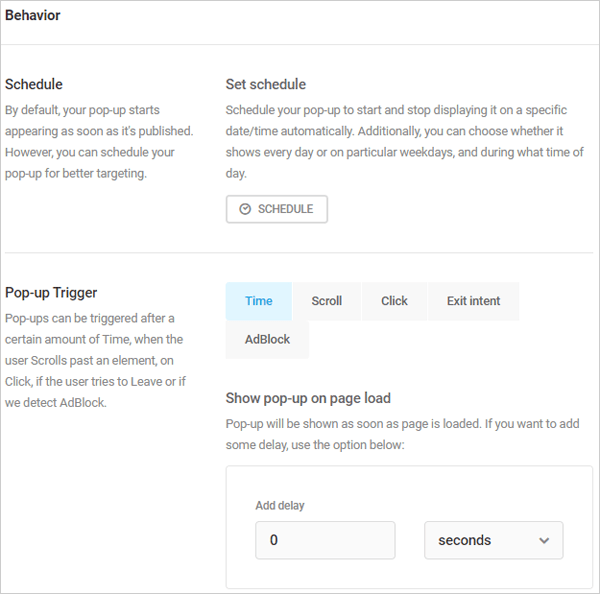 Hustle popup behavior settings