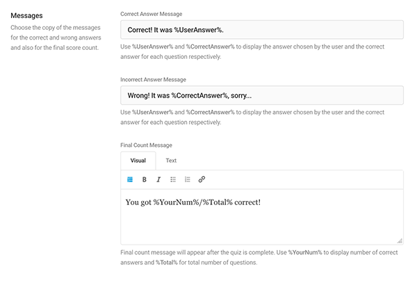 Messages for quizzes.