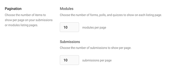 The pagination area where you indicate how many modules per page.