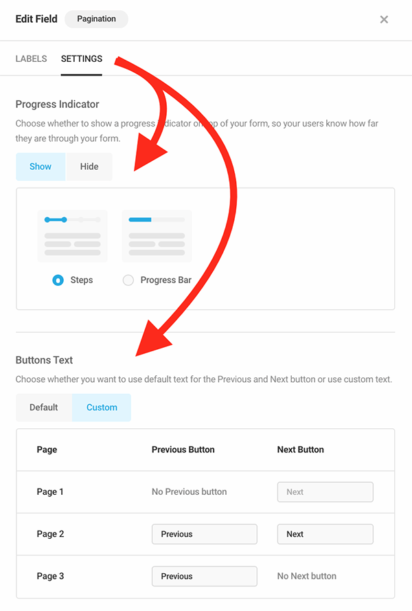 Progresss indicator and buttons text.