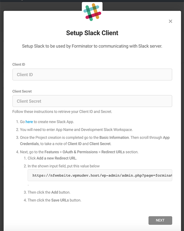 Example of integrating Slack with Forminator.